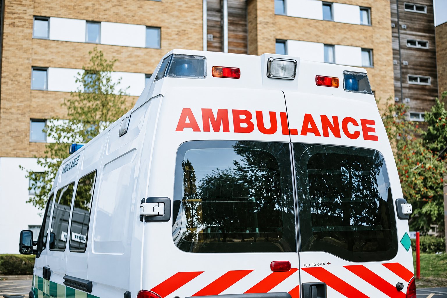 Arrière d'une ambulance blanche garée devant un immeuble