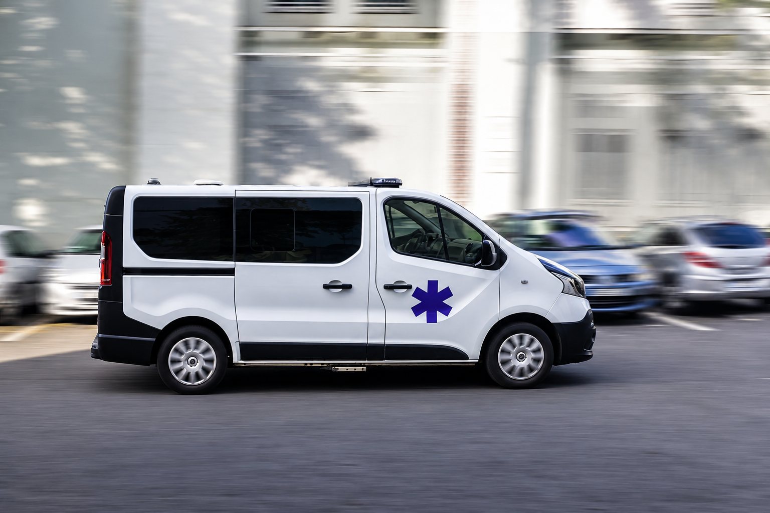Véhicule sanitaire léger blanc roulant sur un parking